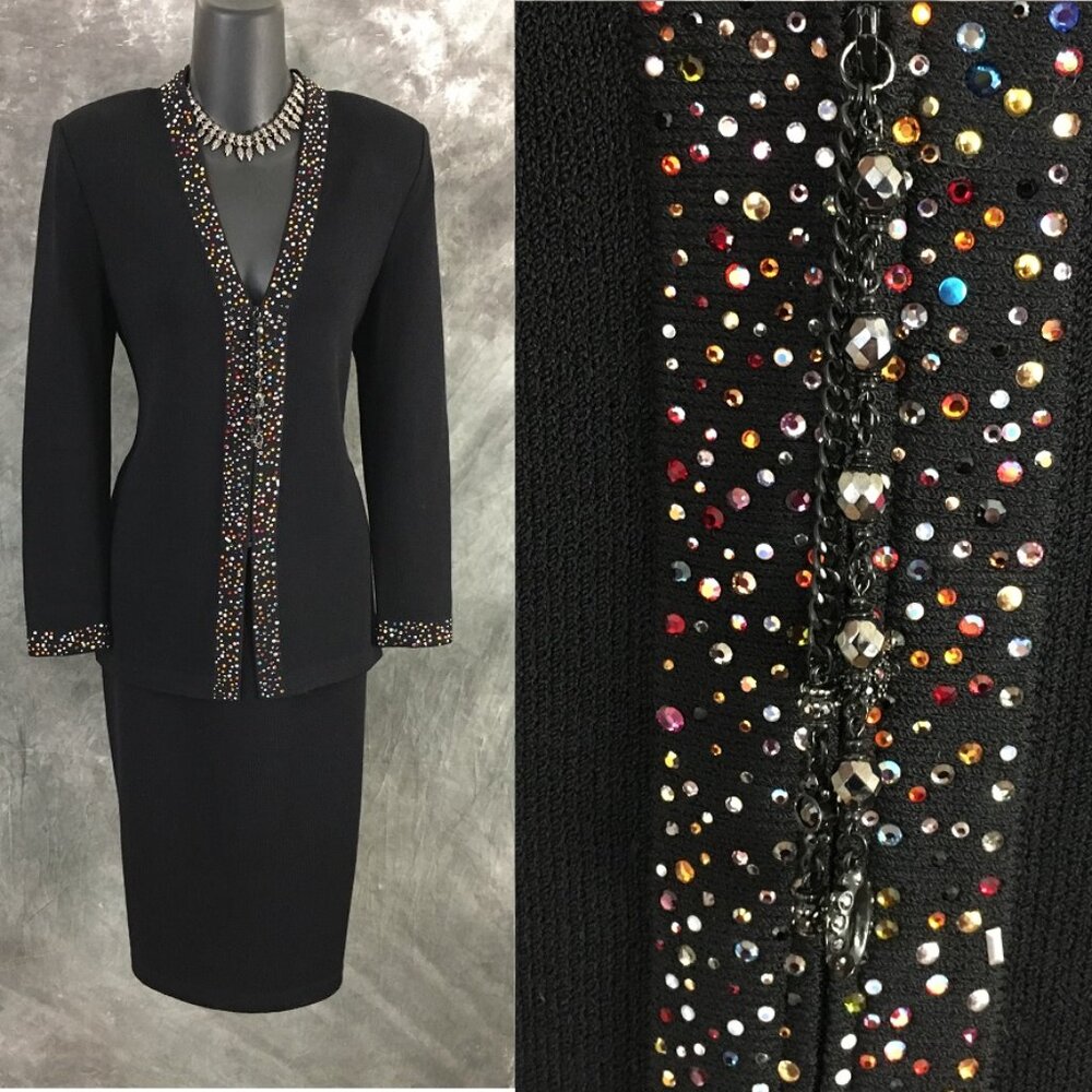 BEAUTIFUL St John evening knit black Multi rhinestones embellished skirt suit 2